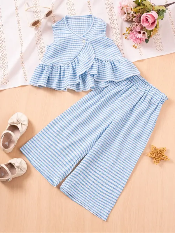 Two-Piece Set Toddler Girl's Striped Print Sweater Co-ord Set, Cute Casual Ruffle Trim Long Sleeve Top & Flare Leg Pants for ...