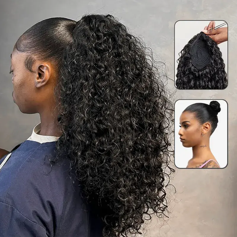 Water Wave Quick & Easy Drawstring Ponytail Extension Human Hair Natural Black Sleek Ponytail