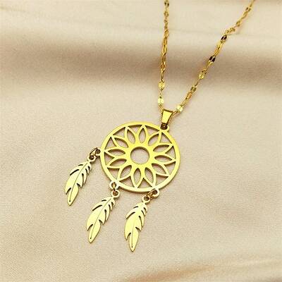 Woven Net/Web with Feather 304 Stainless Steel Boho Pendant Necklaces for Women