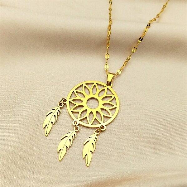 Woven Net/Web with Feather 304 Stainless Steel Boho Pendant Necklaces for Women