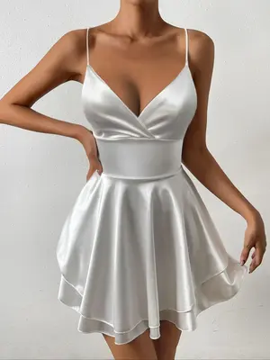 Women's Minimalist Lace Up Backless Tiered Layer Ruffle Trim Cami Dress As Birthday Gifts, Lady Silky Comfort Solid Wrap Spag...