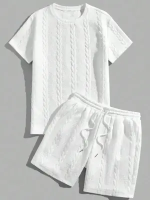 Men's Plain Textured co-ord Set, Casual Short Sleeve Tee & Drawstring Waist Shorts Set for Daily Wear, Lazy School Outfit, Me...