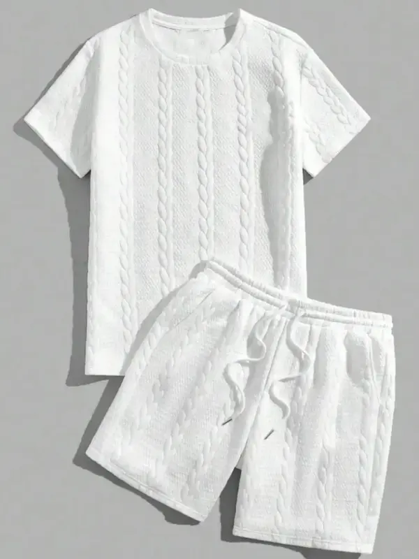 Men's Plain Textured co-ord Set, Casual Short Sleeve Tee & Drawstring Waist Shorts Set for Daily Wear, Lazy School Outfit, Me...