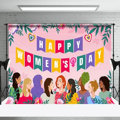 Aperturee Pink Floral Plant Leaves Happy Womens Day Backdrop, 3X2FT(1MX0.6M), 14 USD, LHF338A-M, commemorative backdrops