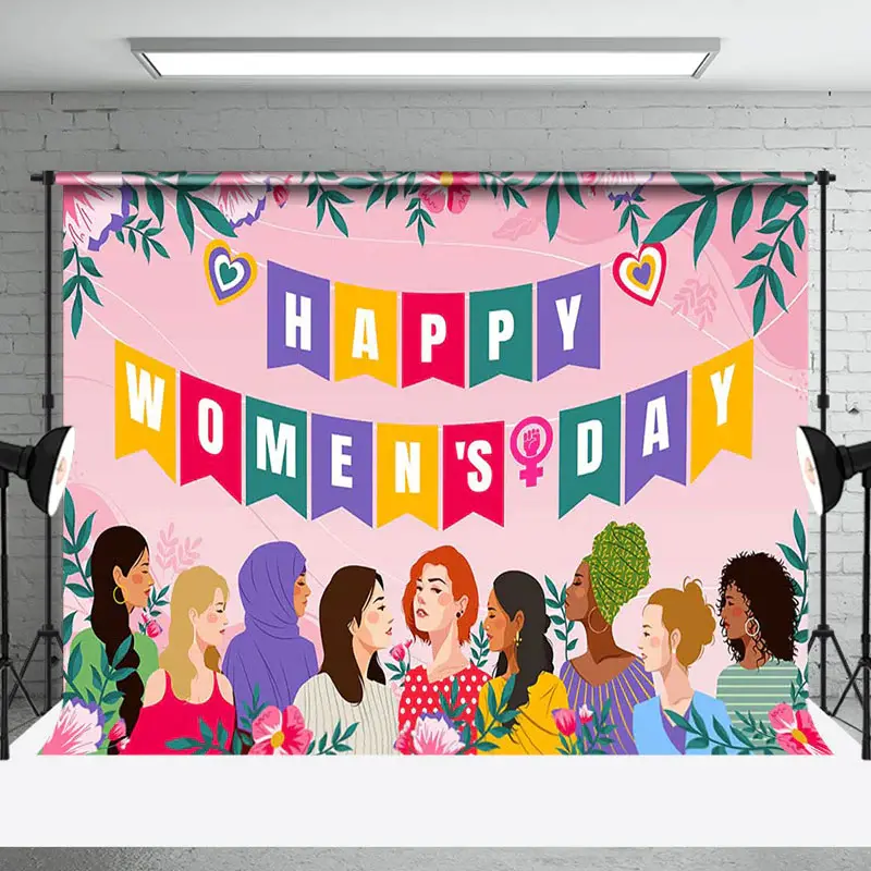 Aperturee Pink Floral Plant Leaves Happy Womens Day Backdrop, 3X2FT(1MX0.6M), 14 USD, LHF338A-M, commemorative backdrops