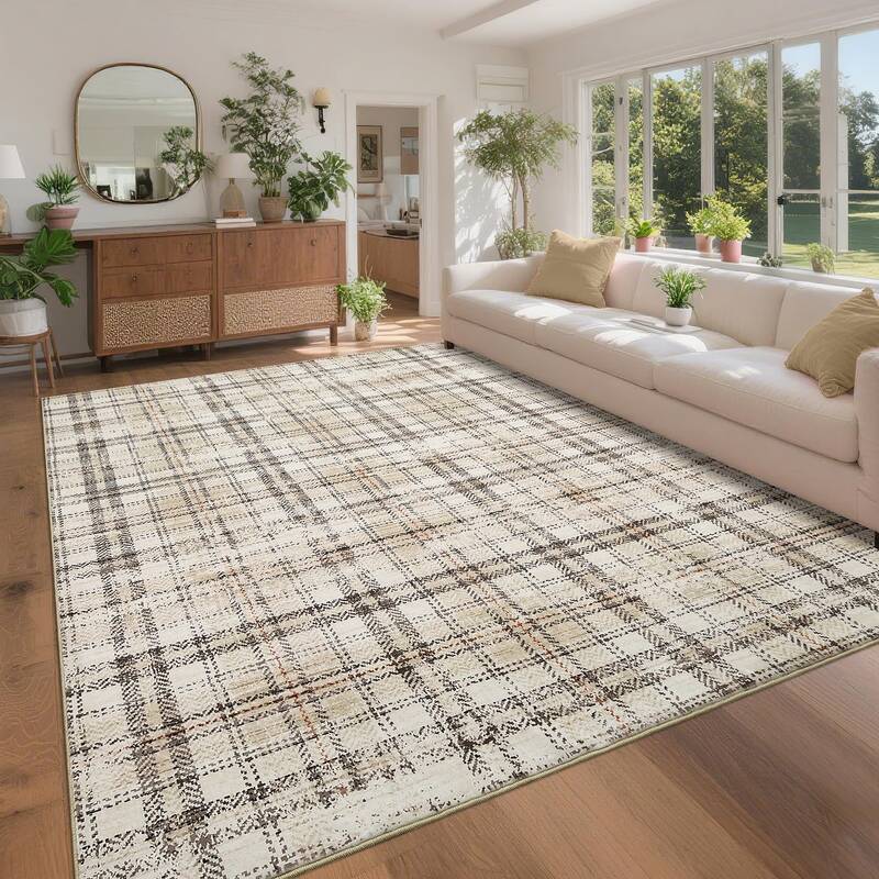 Garvee Washable Area Rugs 5x7 Rug for Living Room Modern Non Slip Large Modern Bedroom Rusg Tartan Plaid Beige Rug Low Pile S...