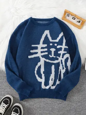 Men's Cartoon Cat Print Drop Shoulder Sweater, Regular Fit Casual Long Sleeve Round Neck Jumper for Fall & Winter, Fashion Me...