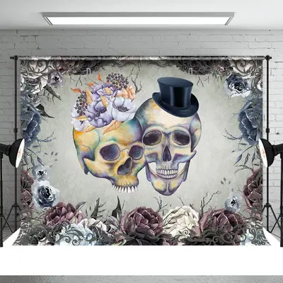 Retro Skull Couple Thorn Flower Halloween Backdrop - Aperturee
