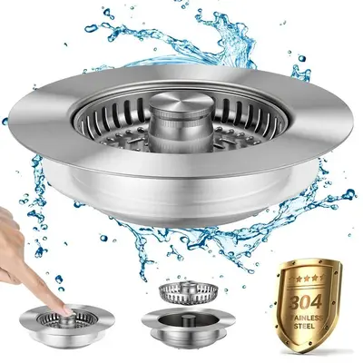 3-in-1 Kitchen Sink Drain Strainer, Stainless Steel Sink Plug, Deodorizing Anti-Clog Basket Strainer for US Standard 3-1/2 In...