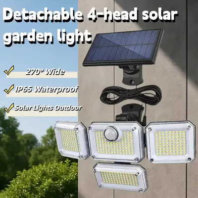 Solar Lights Outdoor, 4000mAh Security Lights with Larger Solar Panel & 16.4FT Cable, 4-Head Motion Sensor Lights with Remote...