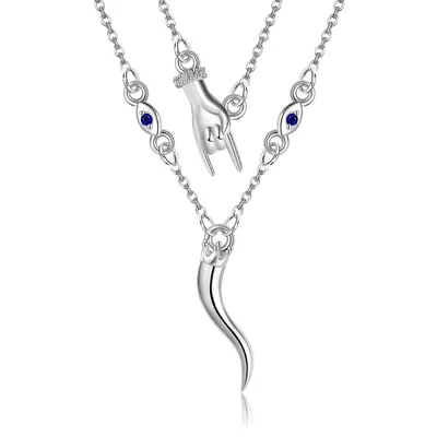 Sterling Silver Cubic Zirconia Evil Eye & Italian Horn Layered Necklace