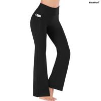 BlackPlum Solid Color Running Yoga Flare Leggings, High Waist Workout Sports Wide Leg Bootcut Pants, Plain Tummy Control Butt...
