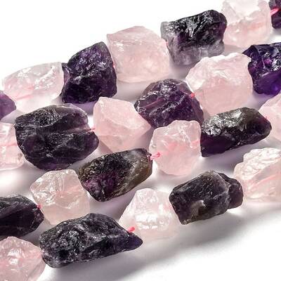 Rough Raw Natural Rose Quartz & Amethyst Beads Strands