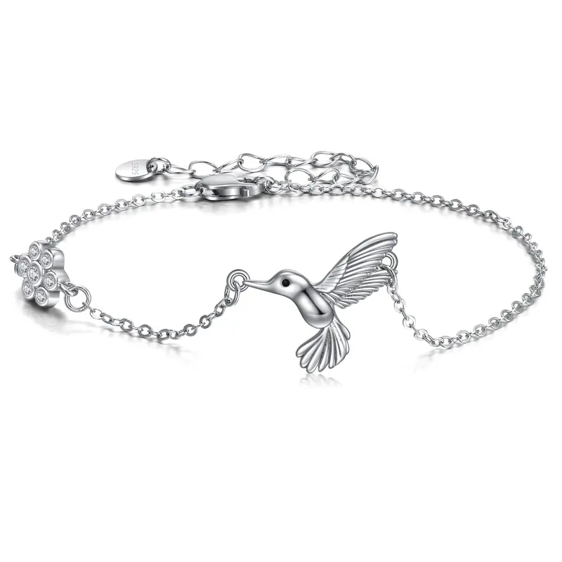 Sterling Silver Cubic Zirconia Hummingbird Charm Bracelet