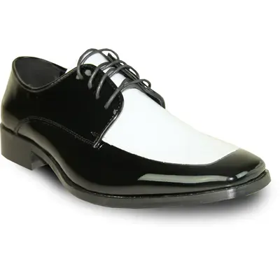 MENS CLASSIC MOC TOE SHINY PATENT TUXEDO PROM SHOE IN BLACK & WHITE