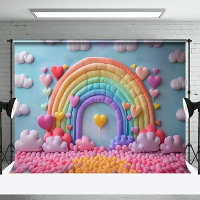 Rainbow Heart Balloon Cloud Caks Smash Photo Backdrop