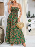 Women's Floral Print Shirred Sleeveless Cami Dress, Boho Fashion Backless Spaghetti Strap Maxi Dress for Beach Vacation Holid...
