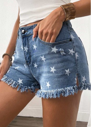 Modlily Denim Blue Star Print Button Fly High Waisted Shorts - M