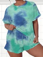 【Plus Size】tie Dye Print Tee & Adjustable Drawstring Shorts Pyjama Set, Back To School Wear, Soft Casual Lady Short Sleev...