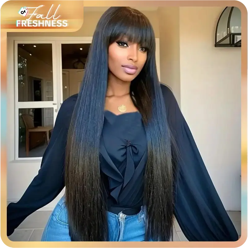 Tahikie 2x4 Straight Front Lace Human Hair Wigs With Bangs 180% Density Frontal Wigs With Drawstring One-Step Closure Wear an...