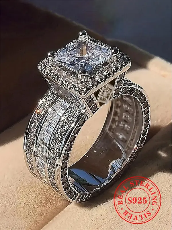 925 Sterling Silver Luxury Gorgeous Artificial Crystal Decor Ring, Fashionable Wedding Engagement Ring Jewelry Gift for Women...