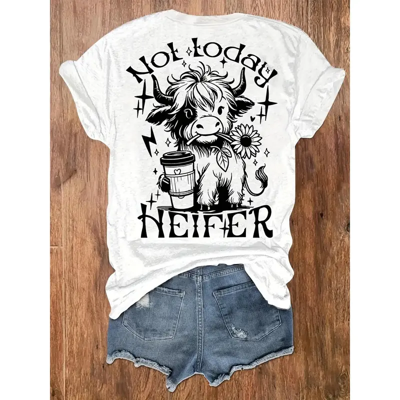 Plus Size Not Today Printed T-Shirt, Short Sleeve Crew Neck Casual Top, Summer and Spring, Women's Shoulder Style