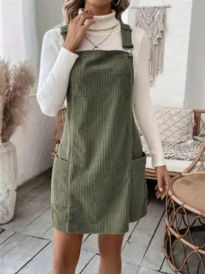 Women's Solid Color Adjustable Strap Pinafore Dress, Chic Casual Pocket Overall Dress for Daily Wear, Ladies Clothes for All ...