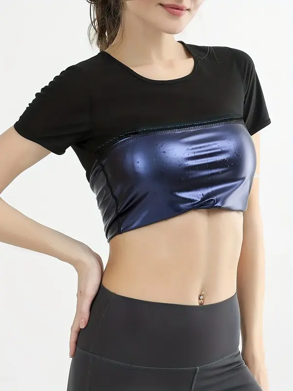 Women's Solid Round Neck Short Sleeve Sports Tee, Casual Style Crew Neck Sauna Top for Workout Gym Running Wear, Women Spor...