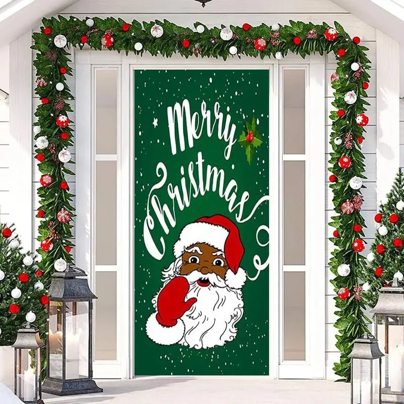 Green Santa Claus Snowy Merry Christmas Door Cover - Aperturee