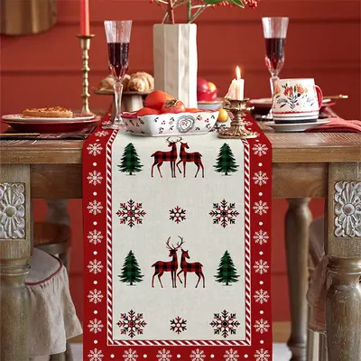 Cedar Elk Snowflake Red Beige Christmas Table Runner - Aperturee