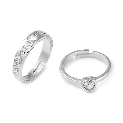2Pcs 2 Style Heart with Word Love Cubic Zirconia Matching Couple Rings Set