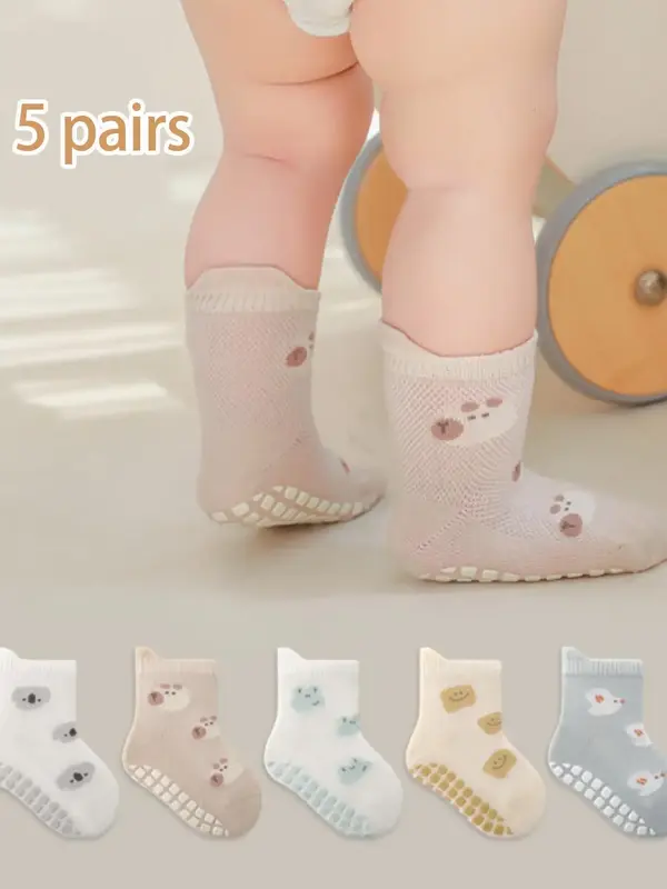 Kid's Cartoon Animal Print Crew Socks, Cute Glue Dots Anti-Slip Socks, Kid's Socks for All Seasons, Casual Soft Socks