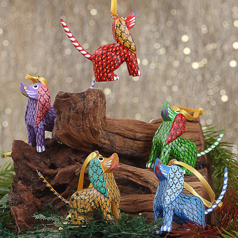 NOVICA Sweet Puppies Painted Wood Alebrije Dog Ornaments (Set of 5) from Mexico
