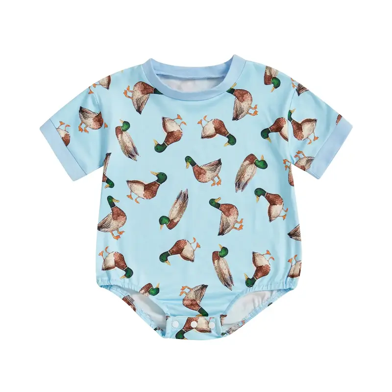 Newborn Baby Romper for Summer Oversized Mallard Duck Print Short Sleeve Infant Jumpsuit