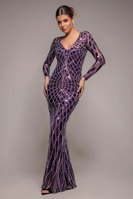 Goddiva Geo Sequin Long Sleeve Maxi Dress - Purple