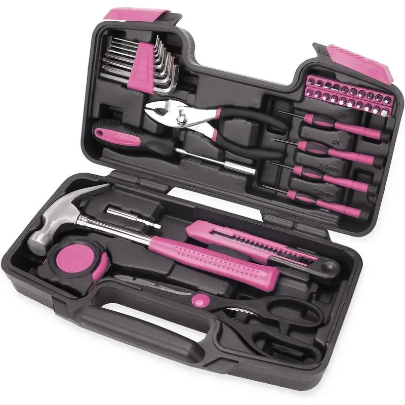 39-Piece All Purpose Household Pink Tool Kit for Girls, Ladies and Women - Includes All Essential Tools for Home, Garage, Off...