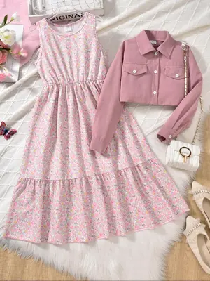 Two-piece Set Girl's Solid Color Shirt & Ditsy Floral Print Dress Set, Casual Long Sleeve Collared Top & Dress for Spring & F...