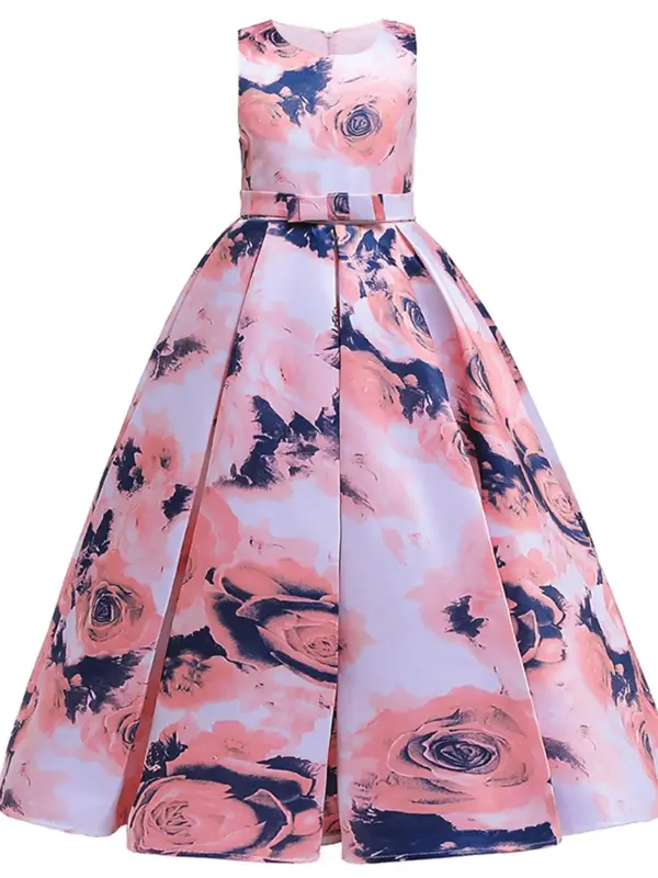 Girl's All Over Floral Print Bow Back Plicated Tank Dress, Elegant Sleeveless Round Neck Maxi Dress for Party Performance Wed...