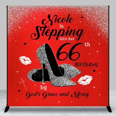Aperturee Red Glitter High Heels Custom 66Th Birthday Backdrop | Custom Happy Birthday Banner | Custom Cake Smash Backdrop | ...