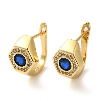 Real 18K Gold Plated Brass with Cubic Zirconia Hexagon Hoop Earrings