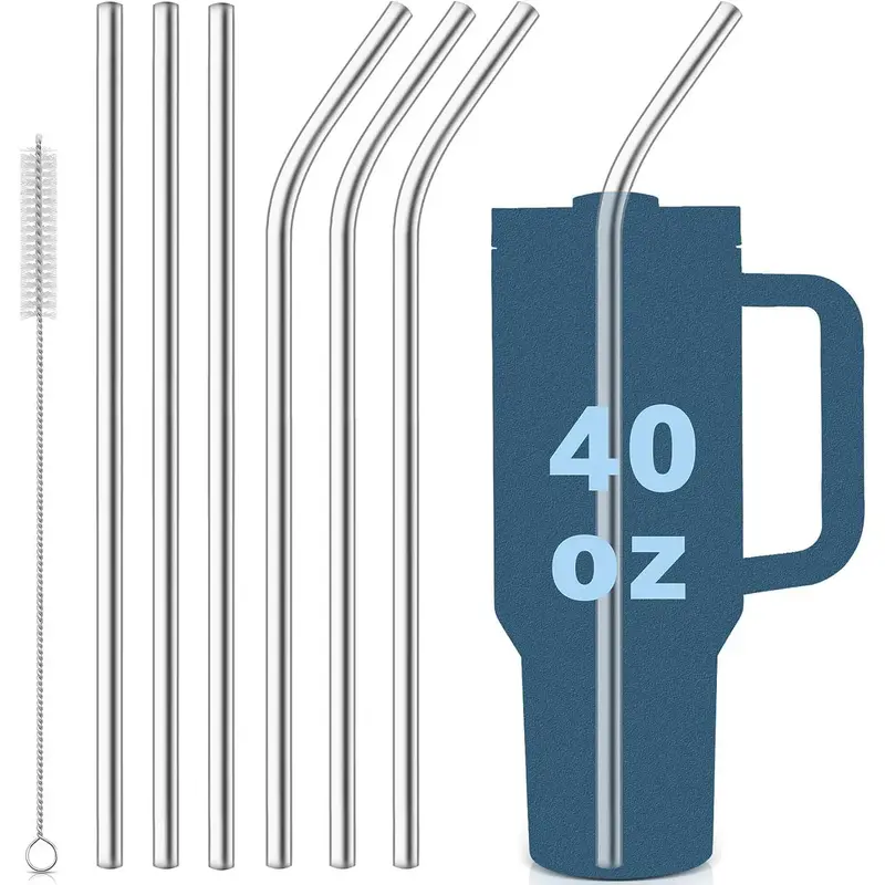 6pcs Stainless Steel Replacement Straw Set for Stanley Cup, Including 3 Straight Straws & 3 Bent Straws, Reusable Long Straw ...