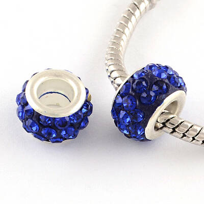 Polymer Clay Rhinestone European Large Hole Beads with Silver Color Plated Brass Cores