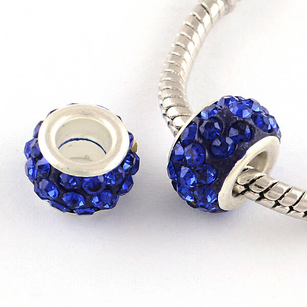 Polymer Clay Rhinestone European Large Hole Beads with Silver Color Plated Brass Cores