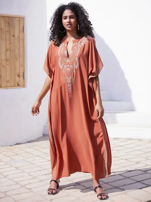 EDOLYNSA black kaftans for woman beach relaxed caftan house dress embroidery vacation robe daily wear bathing suit cover ...