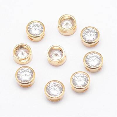 Real Light Gold Plated Brass Cubic Zirconia Flat Round Charms