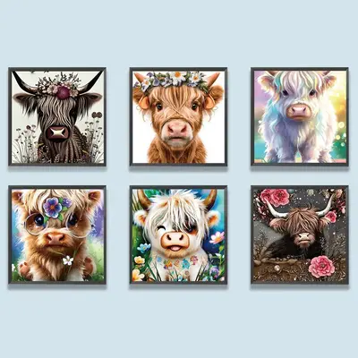 Highland Cow Pattern DIY Diamond Painting Kit without Frame, 6 Counts/Set 5D Diamond Painting Cross Stitch Kit, DIY Decor Pai...