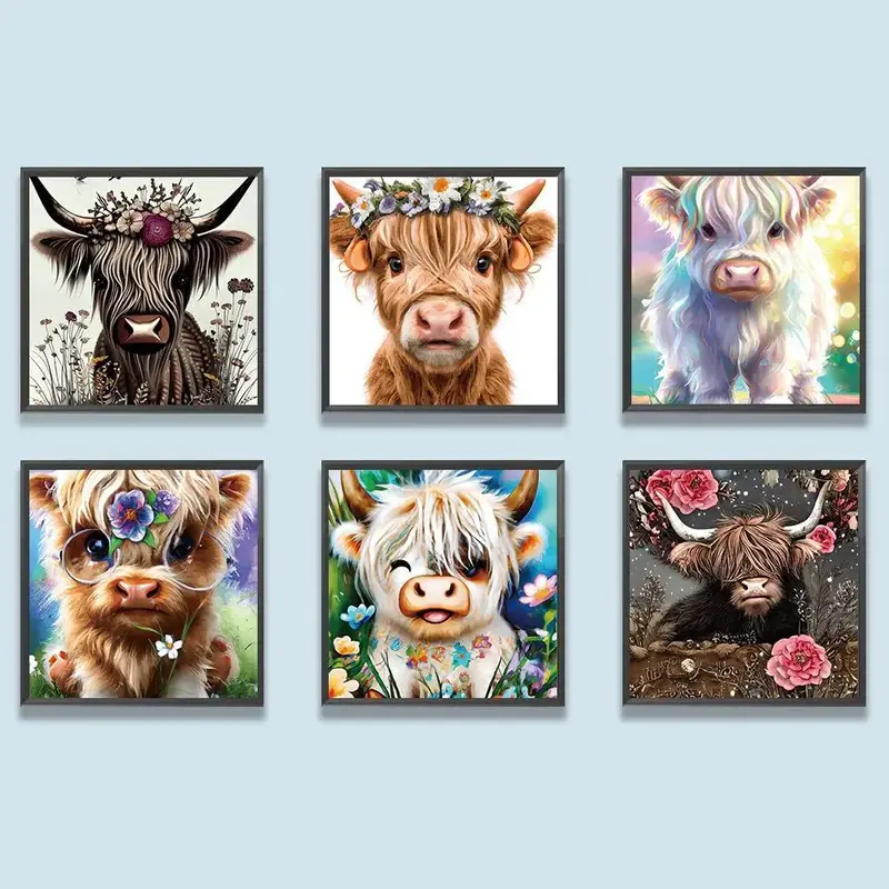 Highland Cow Pattern DIY Diamond Painting Kit without Frame, 6 Counts/Set 5D Diamond Painting Cross Stitch Kit, DIY Decor Pai...