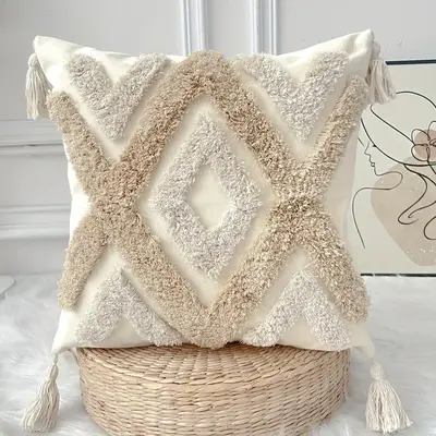Bohemian Style Tufted Throw Pillow Cover, 1 Count Hand-woven with Geometric Pattern and Tassels, Decorative Cushion Case for ...