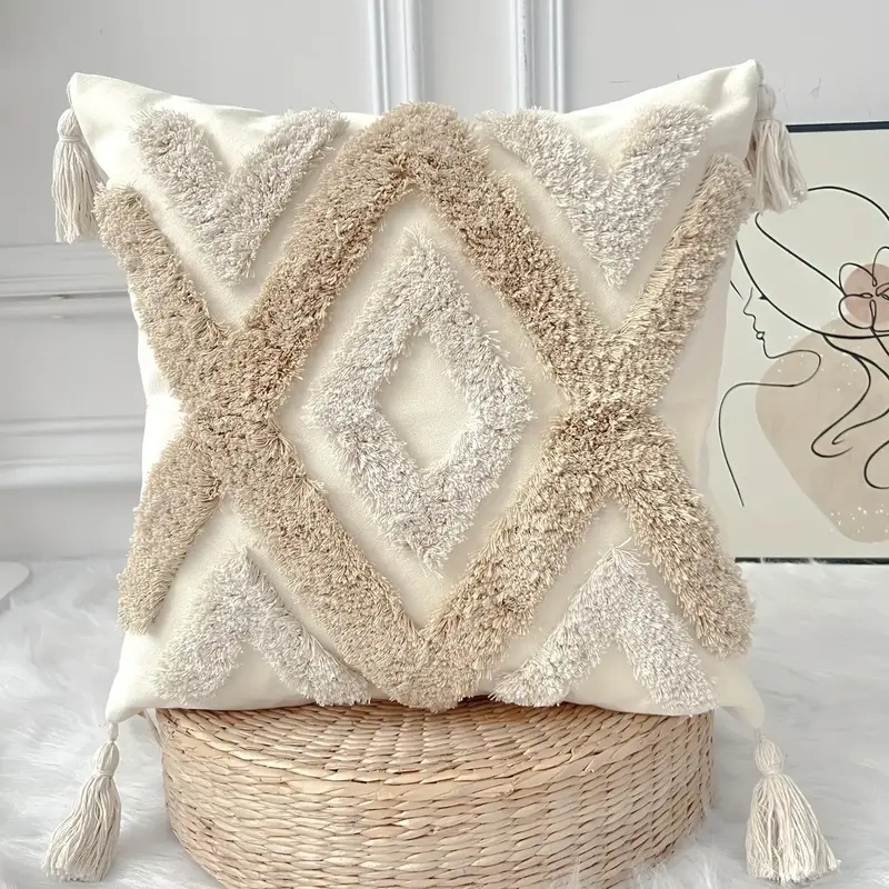 Bohemian Style Tufted Throw Pillow Cover, 1 Count Hand-woven with Geometric Pattern and Tassels, Decorative Cushion Case for ...