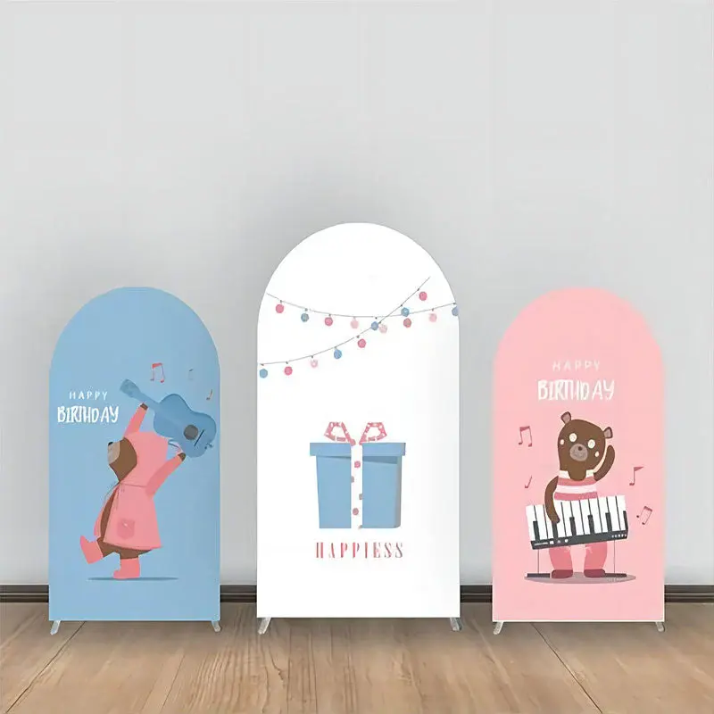 Blue Pink White Gift Bear Birthday Arch Backdrop Kit - Aperturee